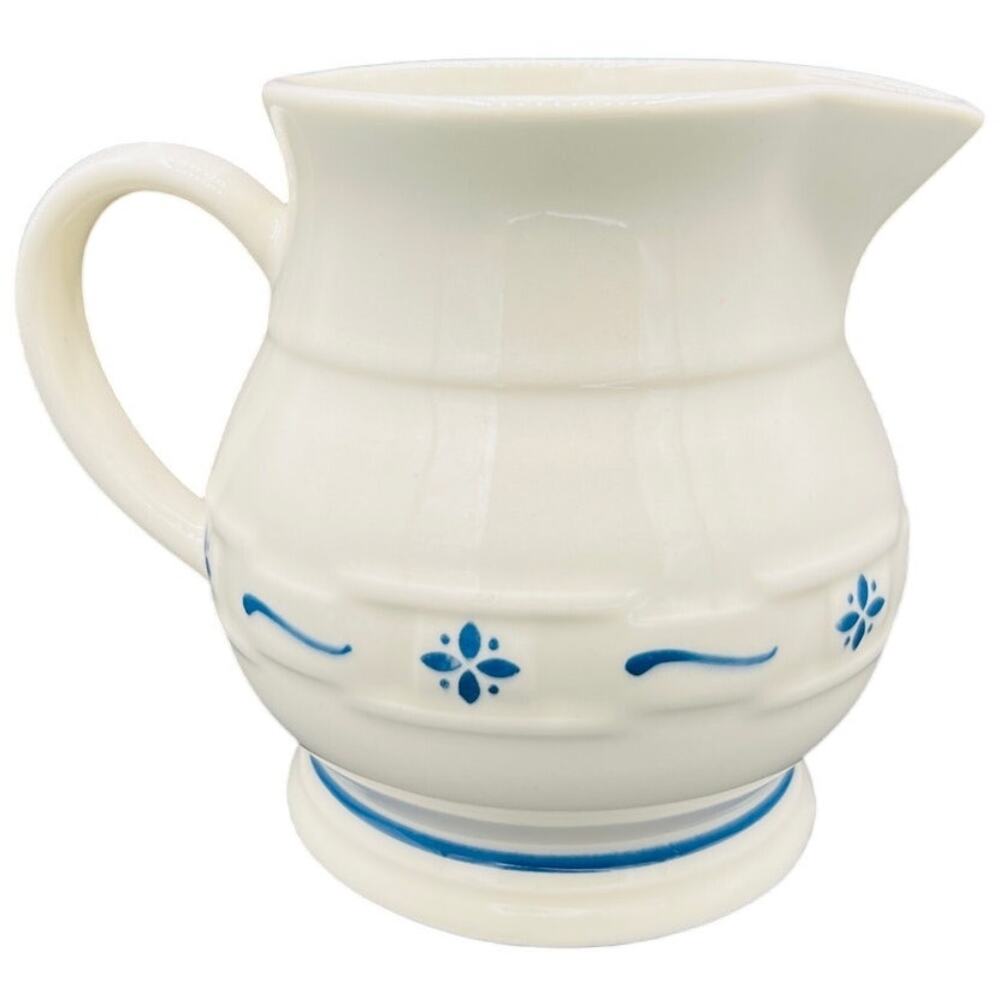 đź’™ VTG Longaberger Stoneware Pitcher White Floral Embossed Kitchen Farmhouse - Picture 1 of 6